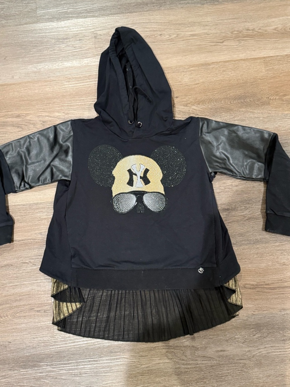 Miss Popular Girls Mickey Yankees Rhinestone Hoodie Dress Faux Leather Tulle